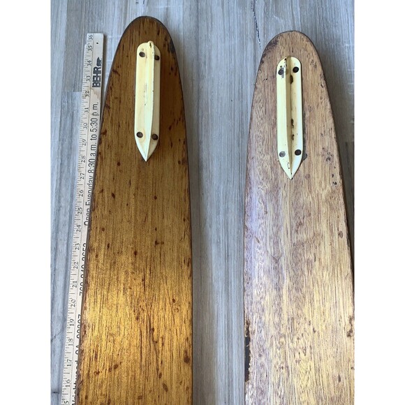 Vintage Pair Junior Size RIVIERA Adjustable Binding Metal Wood Water Skis - Picture 9 of 11